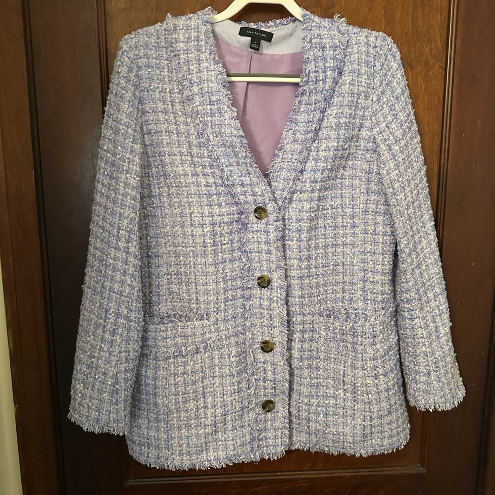 Ann Taylor Lilac Tweed Fringe Blazer Coat Size 10 - Picture 3 of 6